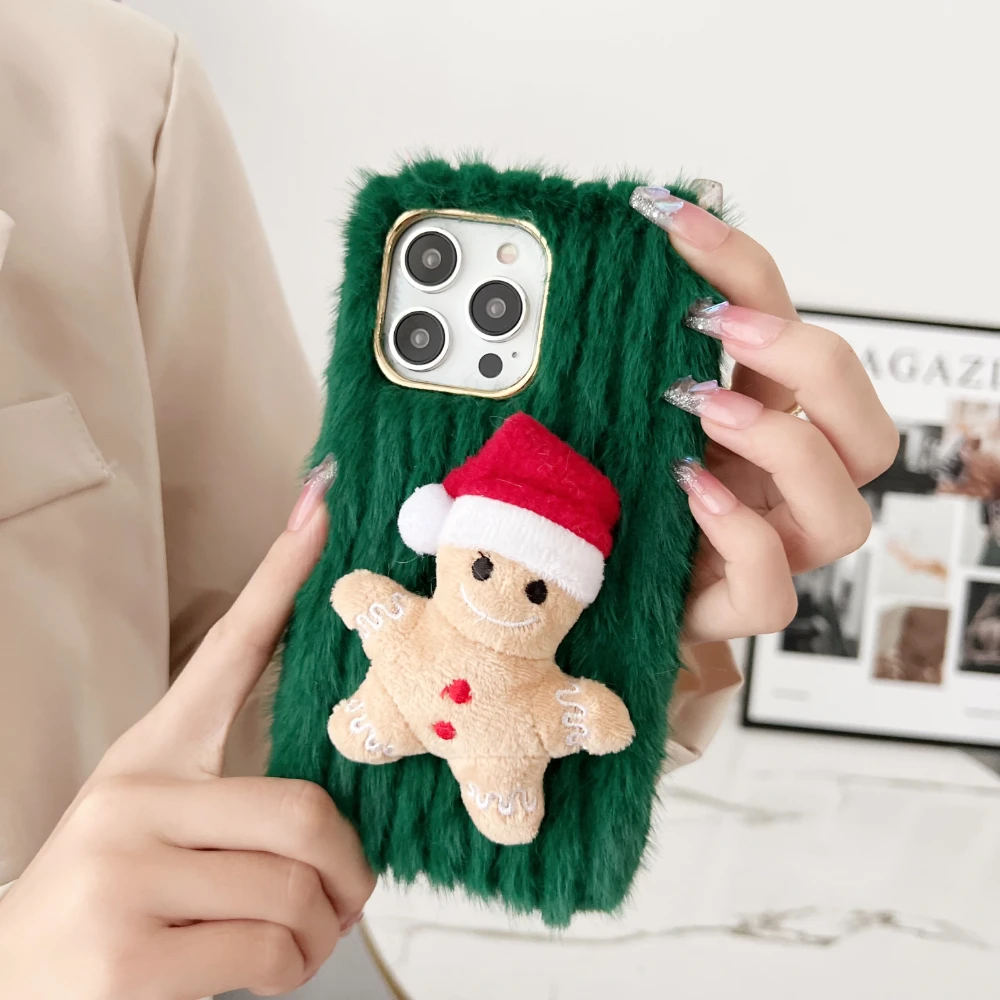 3D Christmas Cartoon Cute Plush Gingerbread Man Phone Case For IPhone 15 14 11 12 13 Pro Max 16 Plus Shockproof Cover