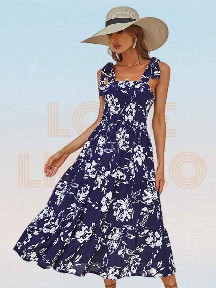 

Floral Print Knot Straps Shirred Bodice Cami Dress Summer 2022 Elegant Dark Blue Slash Neck High Waist Maxi Dress Robe Femme