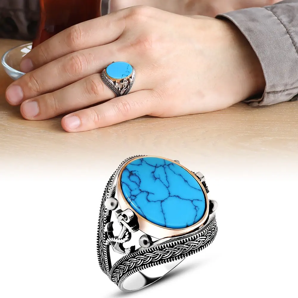 

Anchor Embroidered Turquoise Turquoise Gemstone 925 Sterling Silver Men 'S Ring