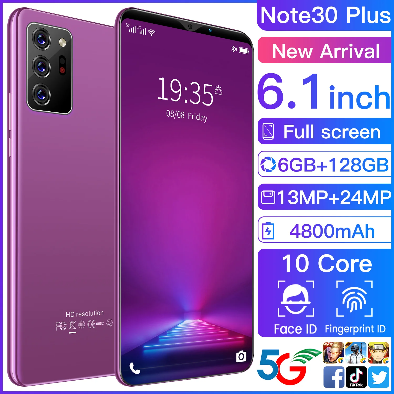 Смартфон Note30 Plus 6 1 дюйма 8 + 128 ГБ 13 24 Мп 10 ядер 4800 мАч Android 0 MTK6889 две SIM-карты сканер