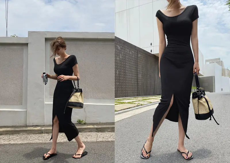 

Black Bodycorn Summer Long Dress Women Slash Neck Slim Skinny Elegant Korean Party Dress Midi Length Short Sleeve Casual