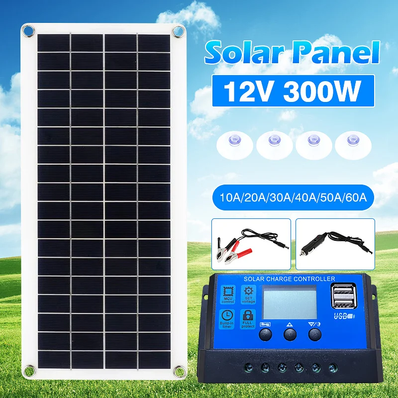 

300W Flexible Solar Panel 12V Battery Charger Dual USB with 10A-60A Controller Solar Cells Power Bank for Phone Car Yacht RV