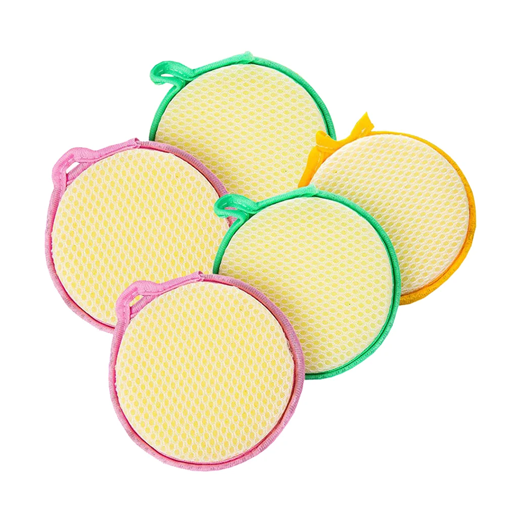 

5pcs Double-side Round Sponge Scouring Pad Home Household Kitchen Dishwashing Sponge Cleaning Pad Sponge Cloth )