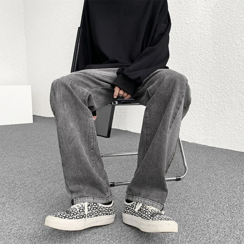 DEEPTOWN Patchwork Gray Jeans Men Casual Straight Denim Pants Streetwear Hip Hop Trousers Male Loose Vintage Fashion Spring