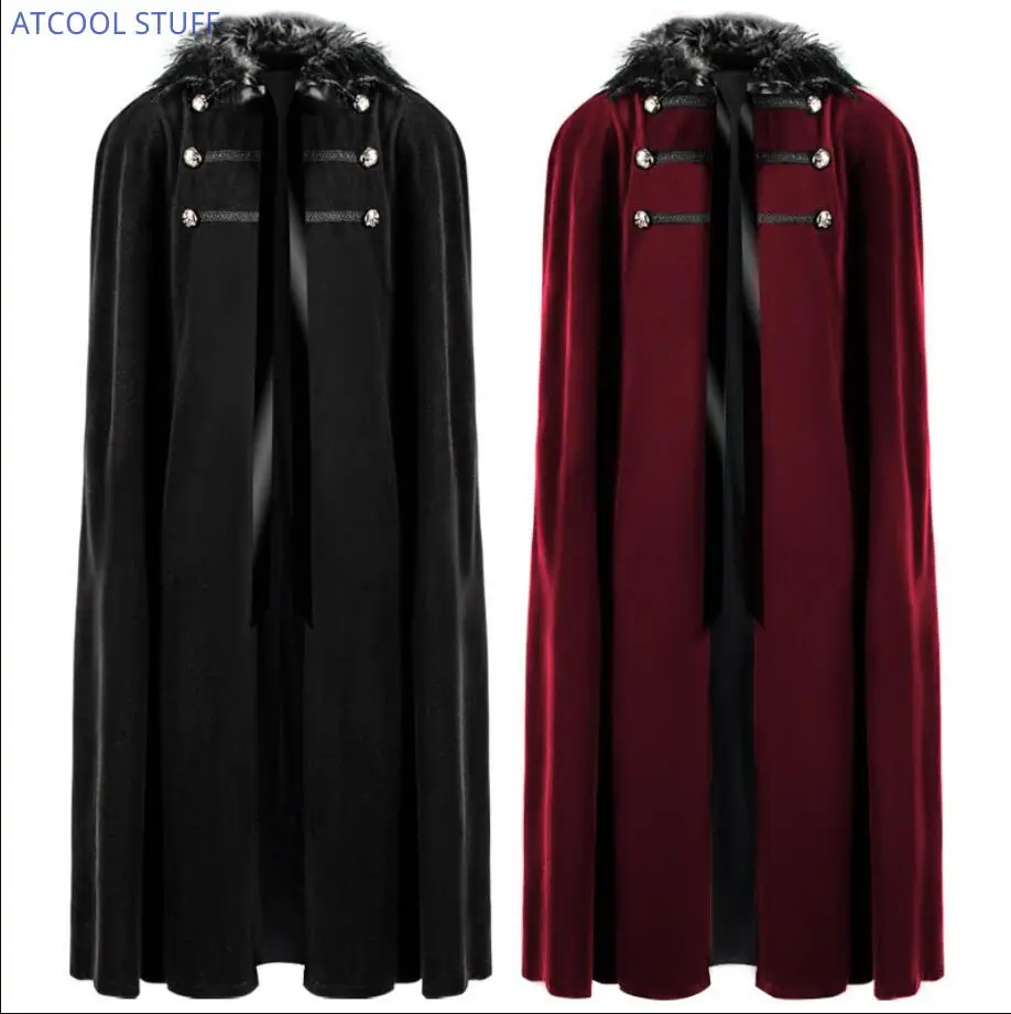 Unisex Medieval Steampunk Winter Cape Maxi Larp Viking Pirate Cloak Halloween Fur Hooded Long Gothic Jacket Cosplay
