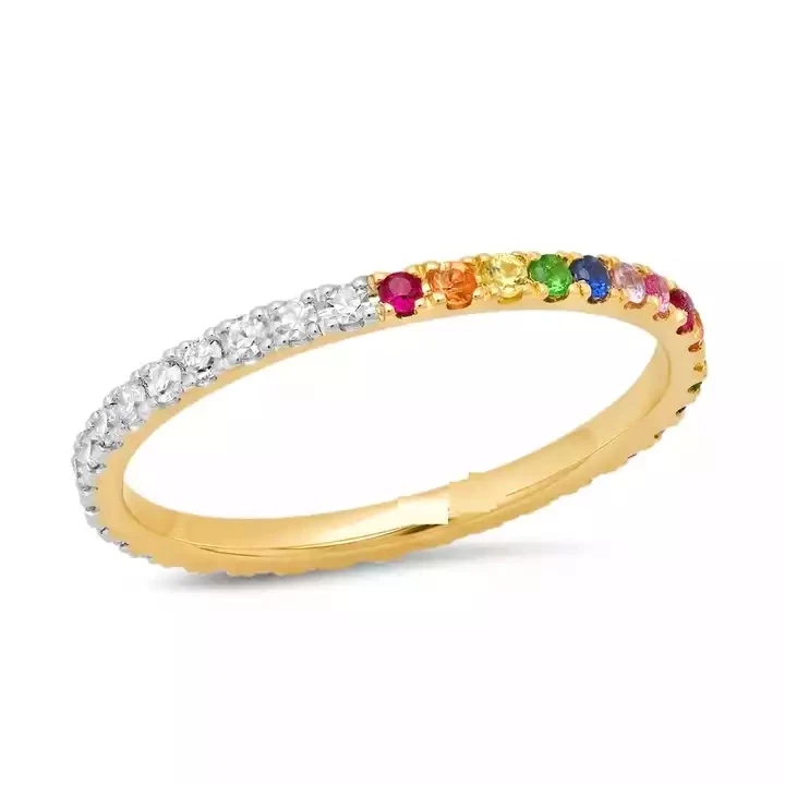High Quality 925 Sterling Silver Multi Rainbow Colorful Cz Thin Stackable Finger Rings for Women Eternity wedding party Jewelry