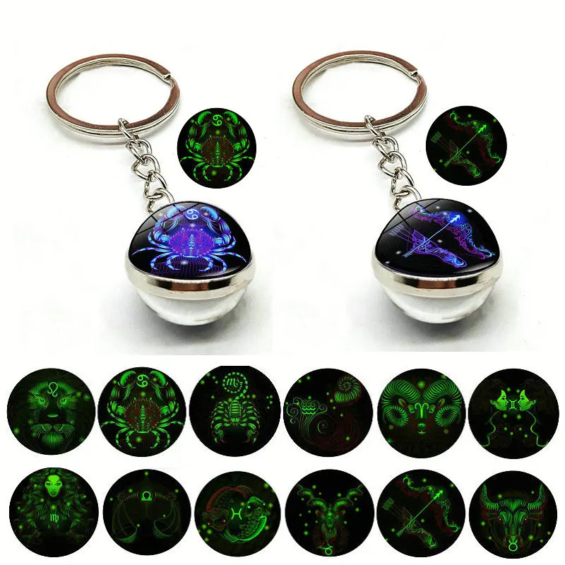 

New Twelve Constellations Leo Sagittarius Scorpio Capricorn Time Gem 20mm Luminous Glass Globe Pendant Ornament Metal Keychain