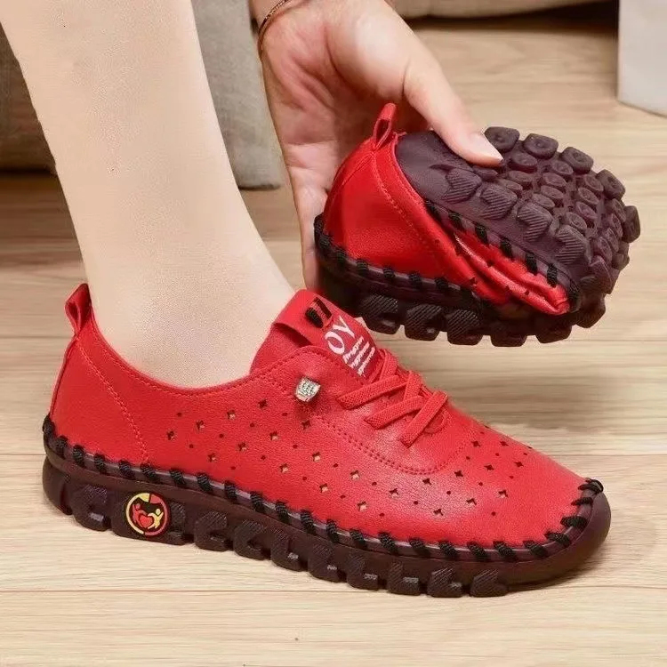 Women Spring Vintage Breathable Shoes Platform Loafers Lace Up Leather Hollow Slip-On New Fashion Casual Mom Shoe Zapatos Mujer