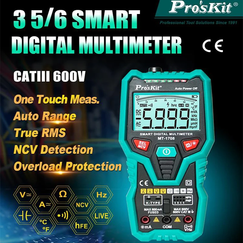 

Pro'sKit MT-1708 3-5/6 Smart Digital Multimeter Fully automatic digital multimeter short circuit proof high precision backlit