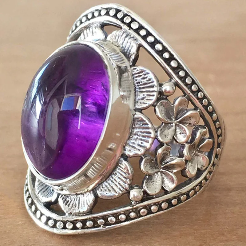 

Amethyst Ring Antique Silver Inlaid Vintage Nepalese Vintage Women's Hand Jewelry Choi Bao Crystal High-end Original Jewelry