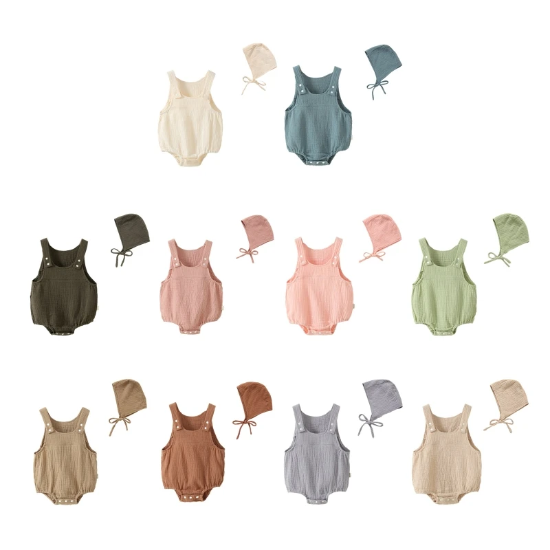 

Baby Sleeveless Romper with Hat Breathable Muslin Bodysuit Infant Hip Wrap