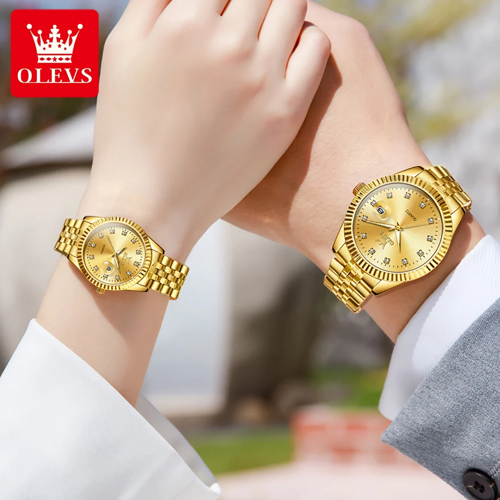 OLEVS Fashion Gold Couple Watch For Men Women Top Brand Luxury Waterproof Calendar Quartz Watches Luminous Lovers Wristwatches