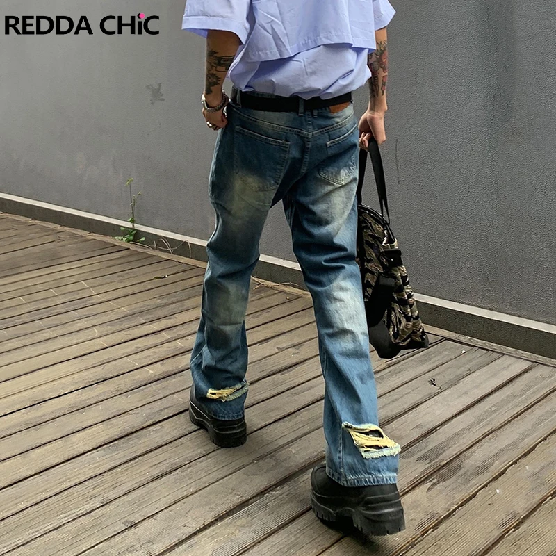 

ReddaChic Heel Ripped Y2K Pants for Men Baggy Jeans Bleached Torn Vintage Korean Streetwear Harajuku Fashion Trousers Joggers