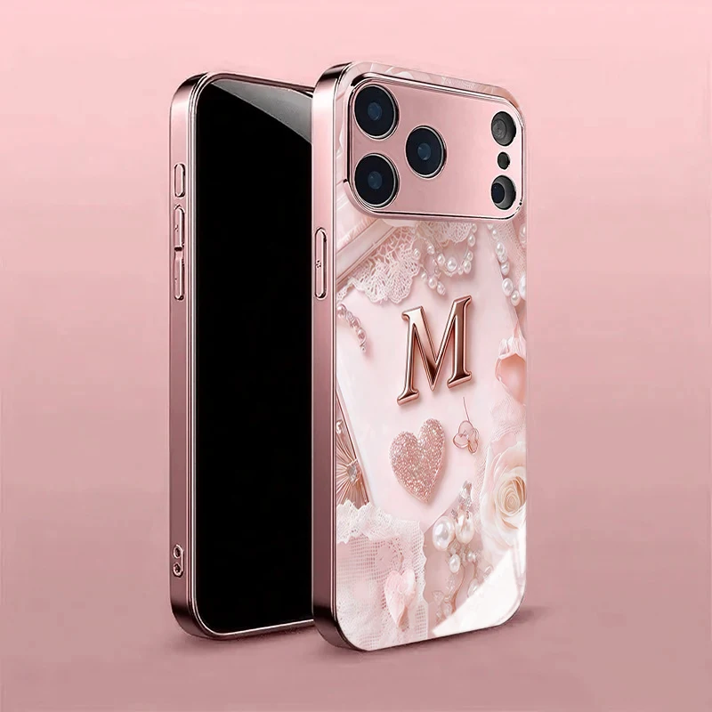 Чехол для телефона из закаленного стекла с сердечком и буквой M для iPhone 17, 11, 12, 13 Pro Max, 15, 14 Plus Pro Max, 16E, 17 Air, защитный чехол (art.: 3920db91a699a) - 3920db91a699a