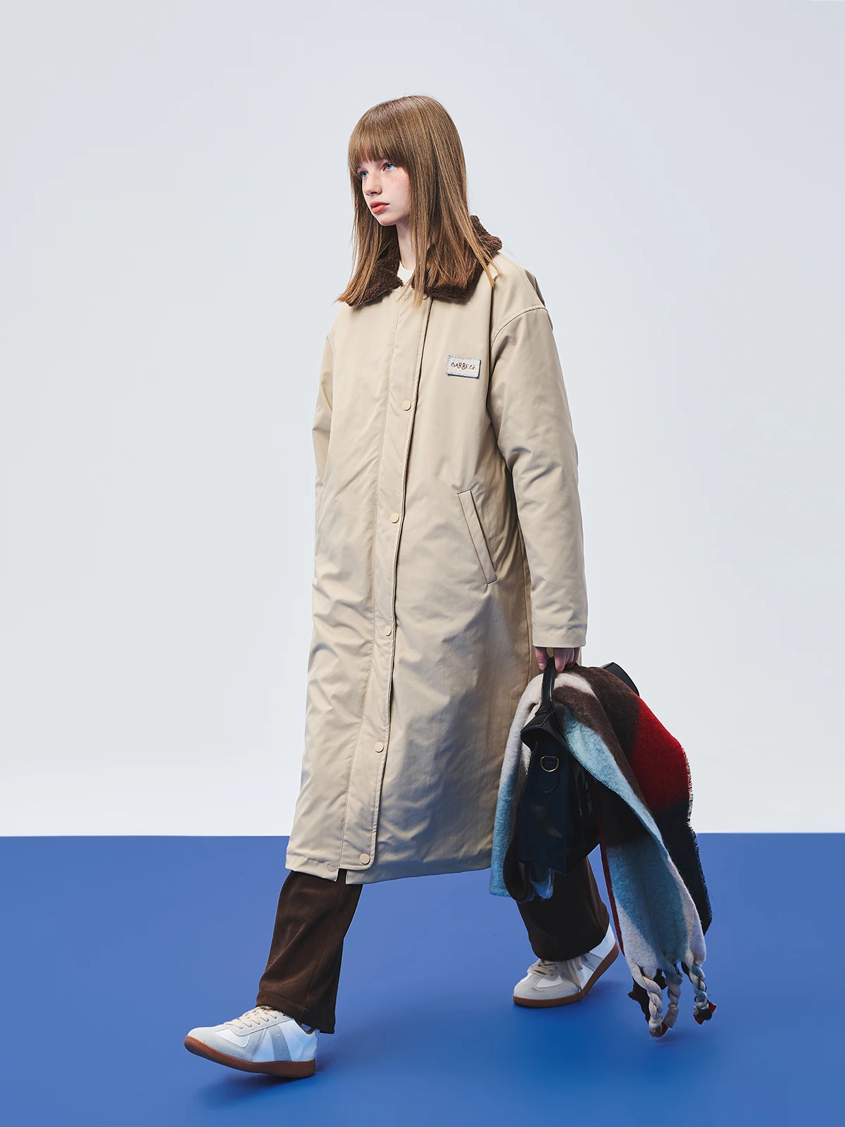 Autumn and Winter Khaki Elegant Long Fur Lapel Cotton Coat Trench Coat