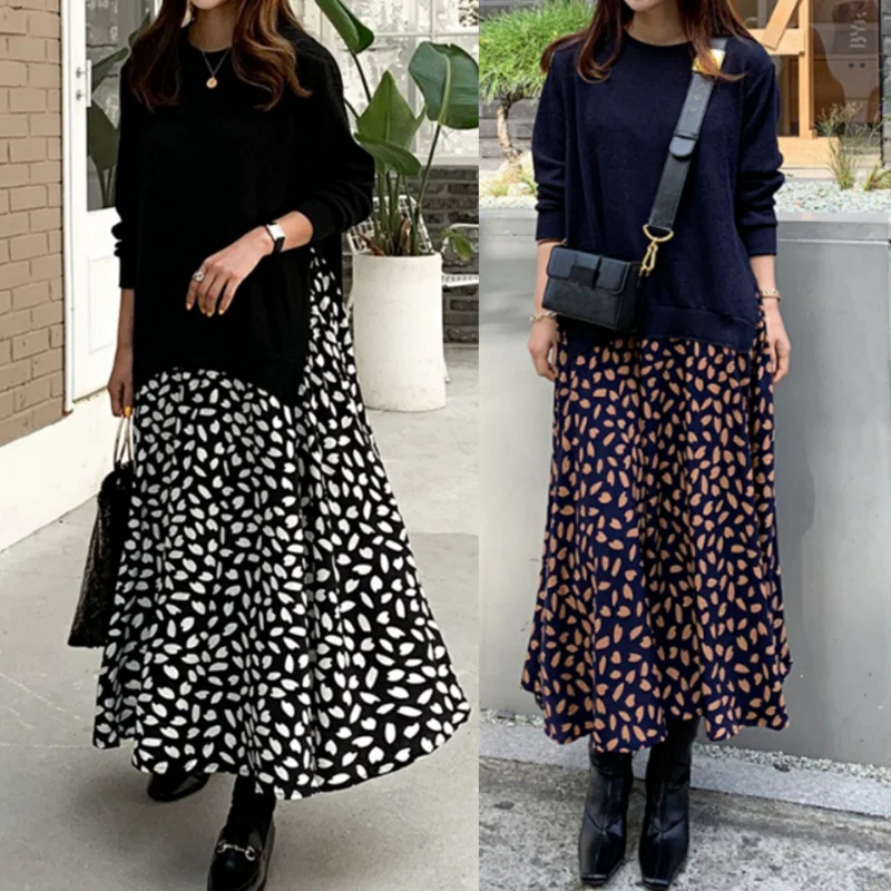 

Spring and autumn new large size long sleeve T-shirt splicing printing big hem dress round neck fake two long skirts