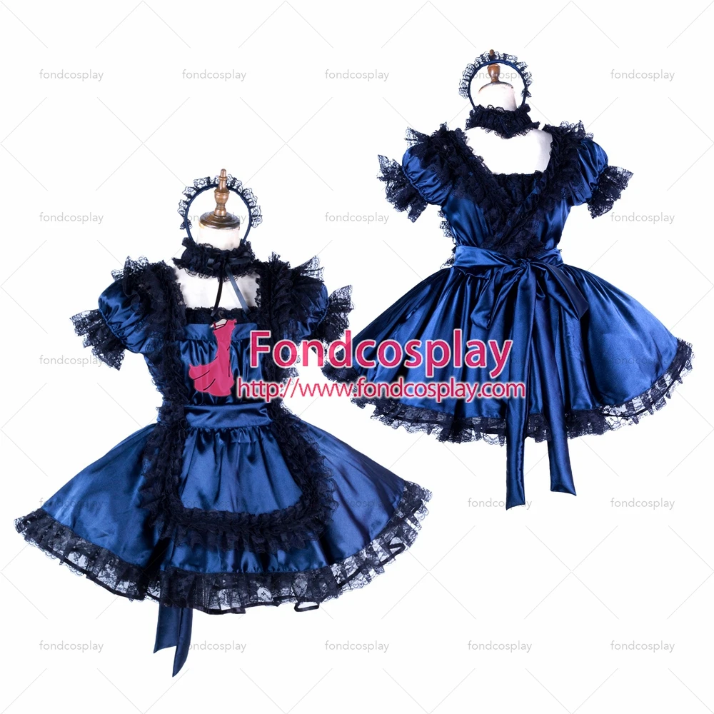

adult sexy cross dressing sissy maid short Navy Satin dress Uniform black apron costume Tailor-made[G2006]