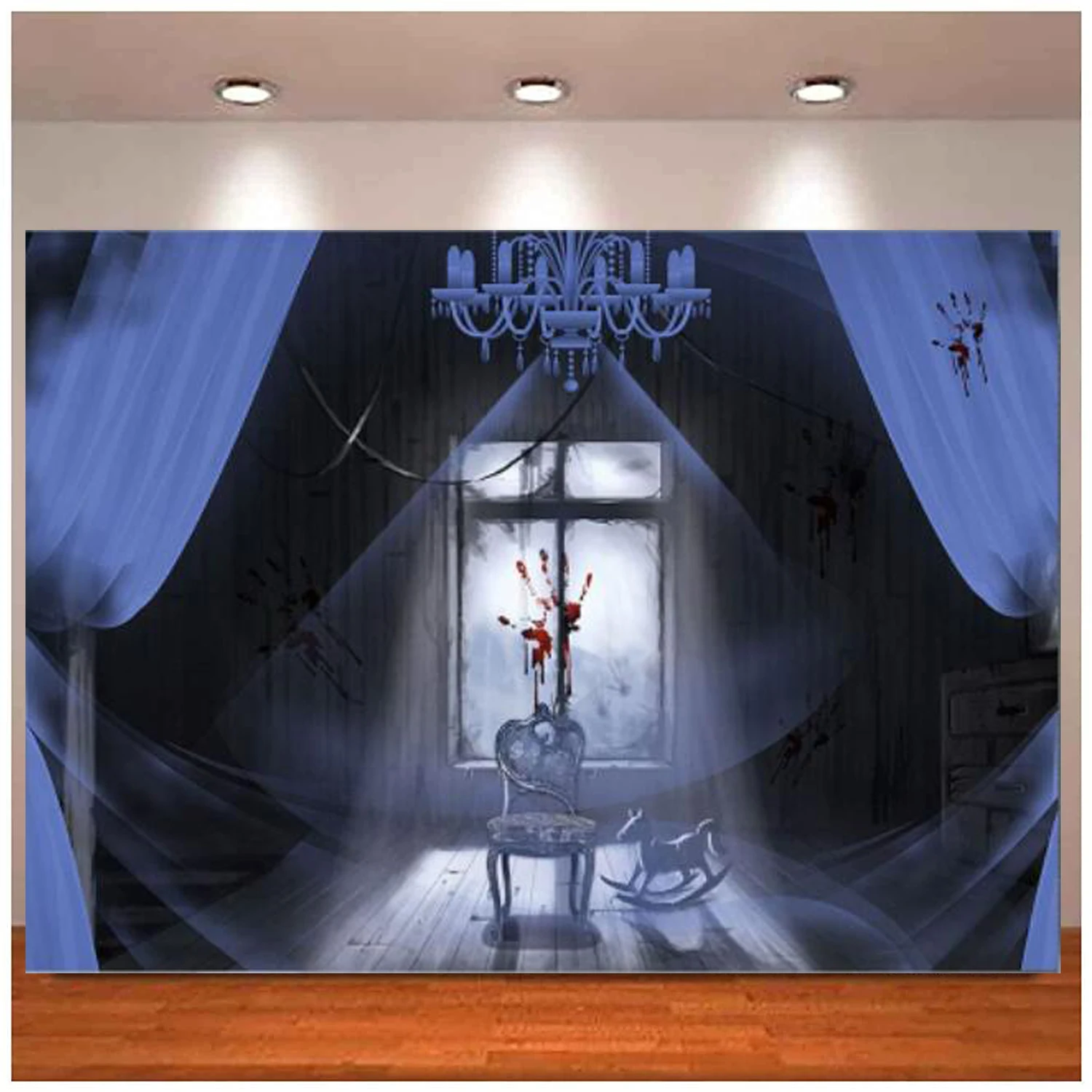 

Фон для фотографирования с изображением занавеса, кресла и платья