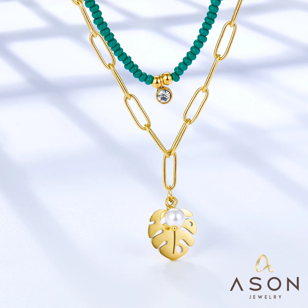 

ASONSTEEL Gold Color Stainless Steel Leaf Pearl Accessory Green Beads Multi-layer Chians Pandent Necklace For Women Jewelry