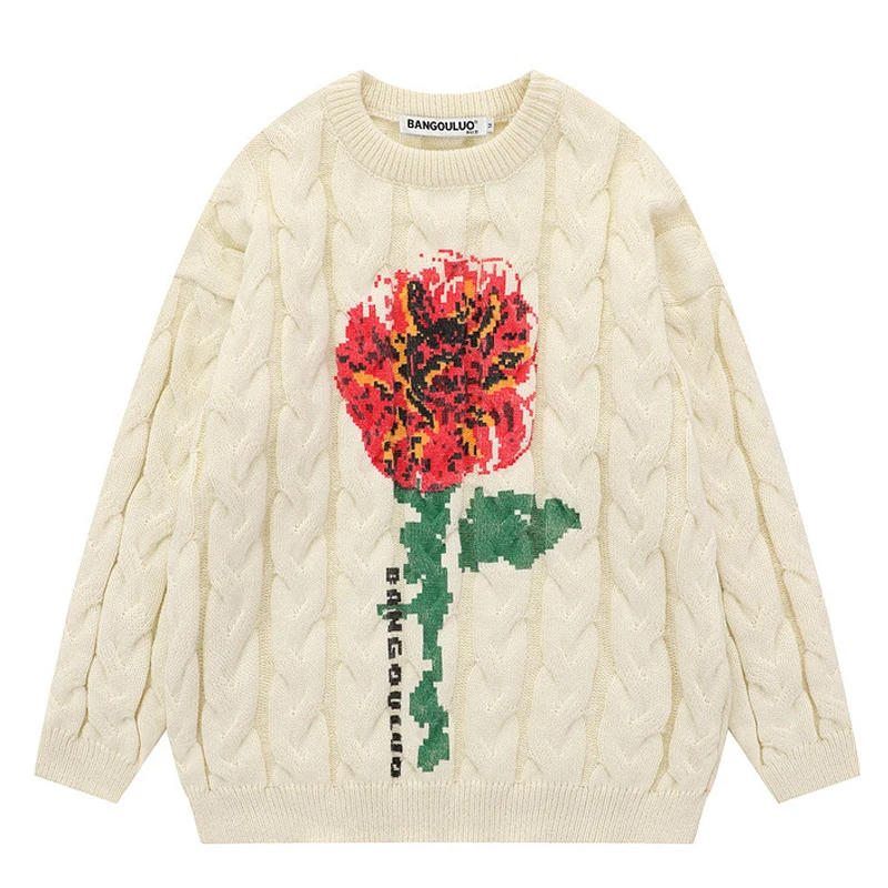

Mens Hip Hop Streetwear Harajuku Sweaters Vintage Japanese Style Flower Print Knitted 2022 New Couple Oversize Pullover Male Top