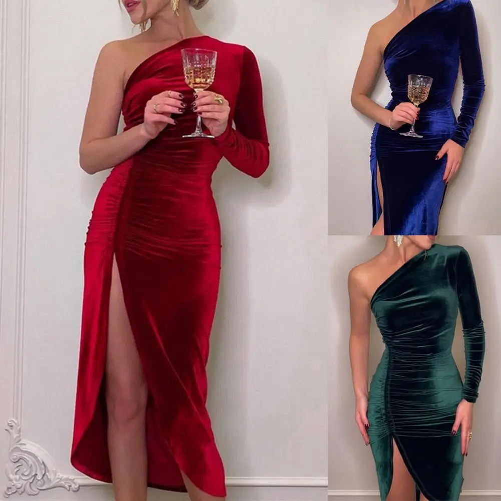 

2020 Women Spring Autumn Elegant Ruched Slit Glitter One Shoulder Sleeveless Twisted Ruffled Midi Bodycon Dress Party Cocktail