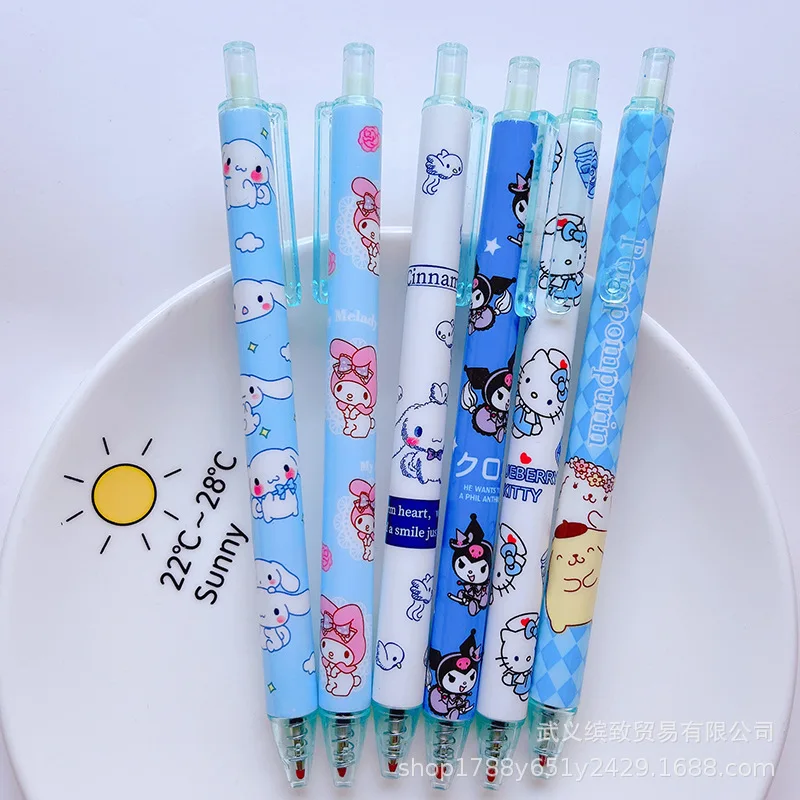 

12pcs Sanrio Hellokitty Mymelody Kuromi Cinnamoroll Purin Kawaii Press Pen Cute Gel Pen Signature Pen Student Writing Pen Black