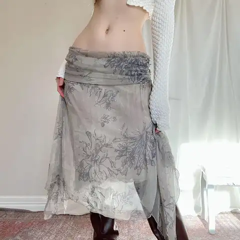 2023 Spring New Women's Clothing Yk2 Guochao National Ink Painting Retro Print Pleated Low Waist Irregular Skirt