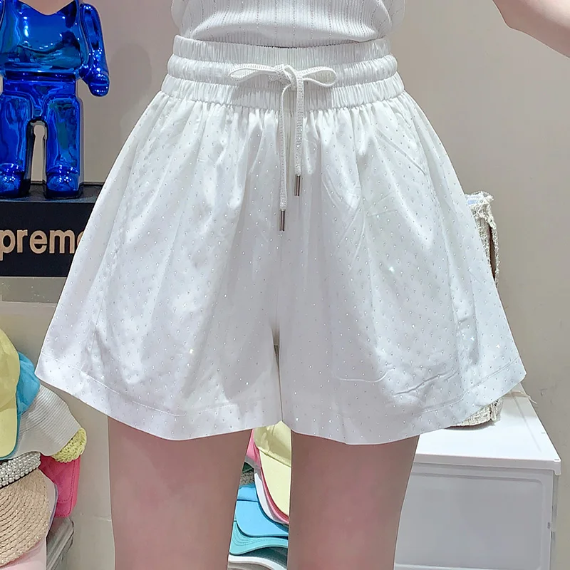 European Goods Summer New Heavy Hot Diamond Elastic Waist Casual Shorts 2023 Summer New Fashion Sweet Elegant Shorts for Women