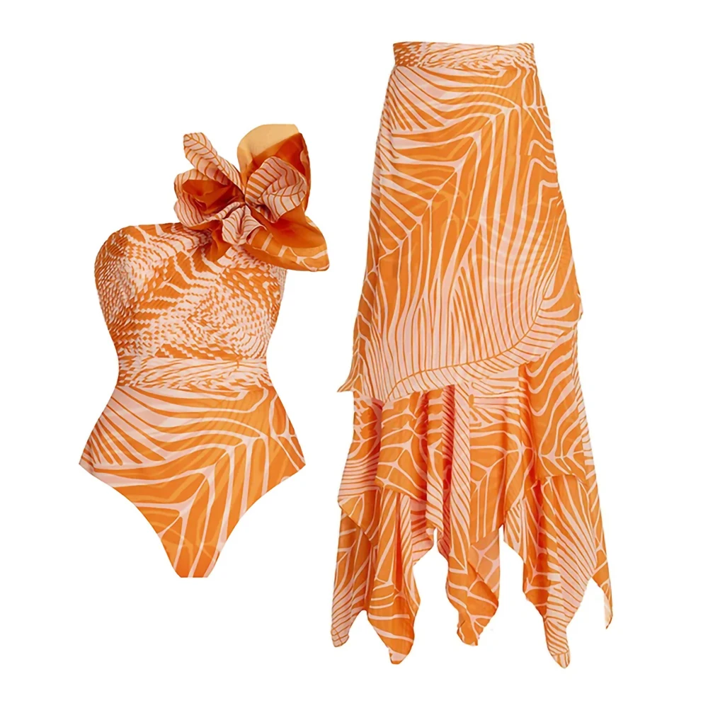 

Женский слитный купальник в полоску, оранжевое бикини на одно плечо с цветочным 3D принтом, привлекательная модная Асимметричная юбка, модель 2023 года