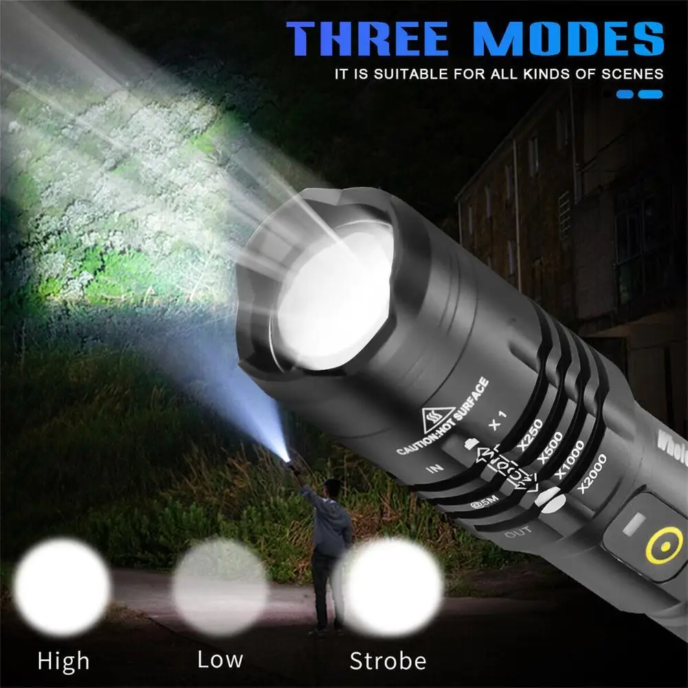 

Led Scalable Tactical Flashlight 500000lm Zoomable Super Bright Torch Multifunctional Hand Lantern With USB Rechargeable Battery