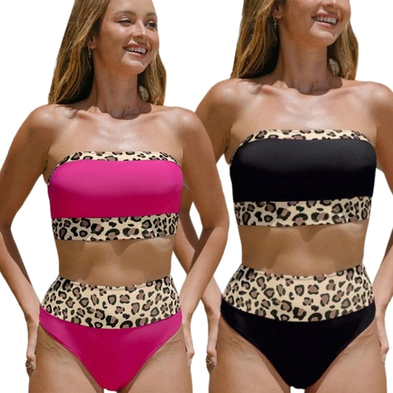 

H58D Women's Patchwork Leopard Swimsuit Two Pieces Bathing Suit Ins High Waist Bikini