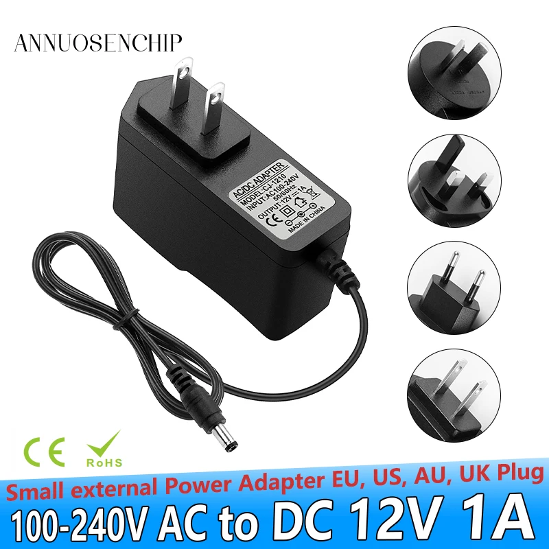 12V 1A Power Supply 100-240V AC to DC 12volt 1000mA 12W Adapter Power Cord DC 5.5 * 2.5 mm Tip for LED light strips CCTV Routers