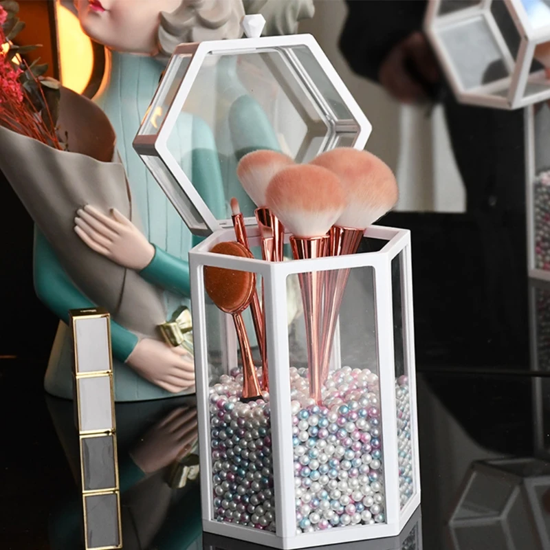 

Glass Organizer for Makeup Brush Hexagon Transparent Cosmetic Holder with Lid
