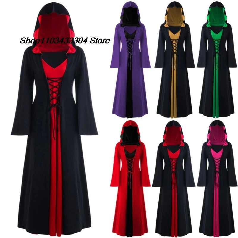 Женское винтажное платье с капюшоном длинное в средневековом стиле со шнуровкой