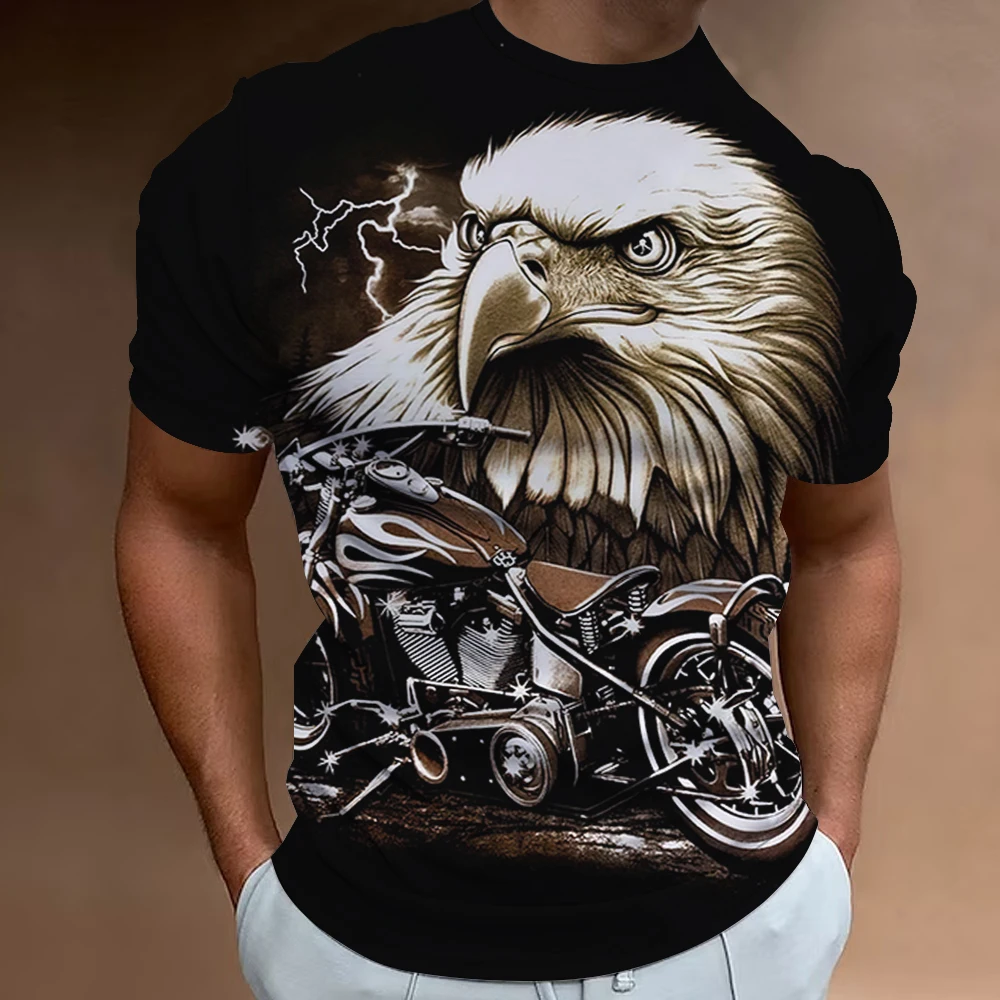 

Motorcycle Men's T-Shirt For Men Clothing 3D Eagle Graphic Short Sleeve Vintage Streetwear Ride Biker Oversized Tees Tops Gift