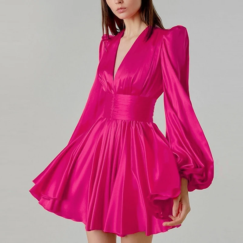 

Женское офисное платье 2023, модное однотонное атласное платье-трапеция с поясом, женское элегантное вечернее вечерние с глубоким V-образным ...