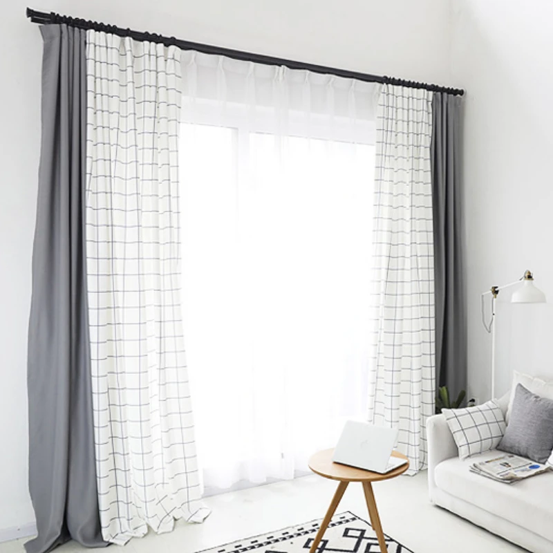 

European Plaid Window Curtain for Living Room White Grey Splicing Modern Curtain 75-85% Shading Blackout Curtain for Bedroom