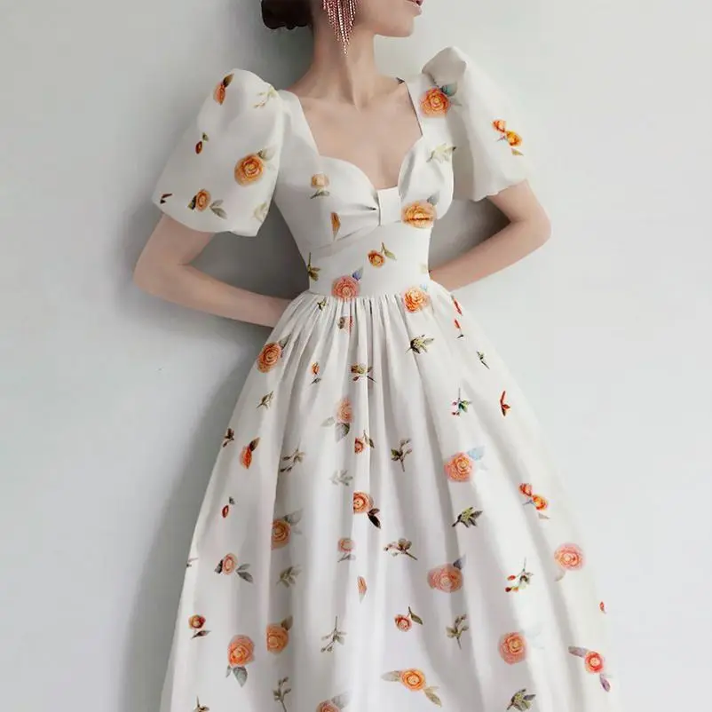 

French Sexy Square Collar Printed A-line Dress Women 2022 Summwe Vintage Short Sleeve Bow High Waist Party Dress Female Clothing