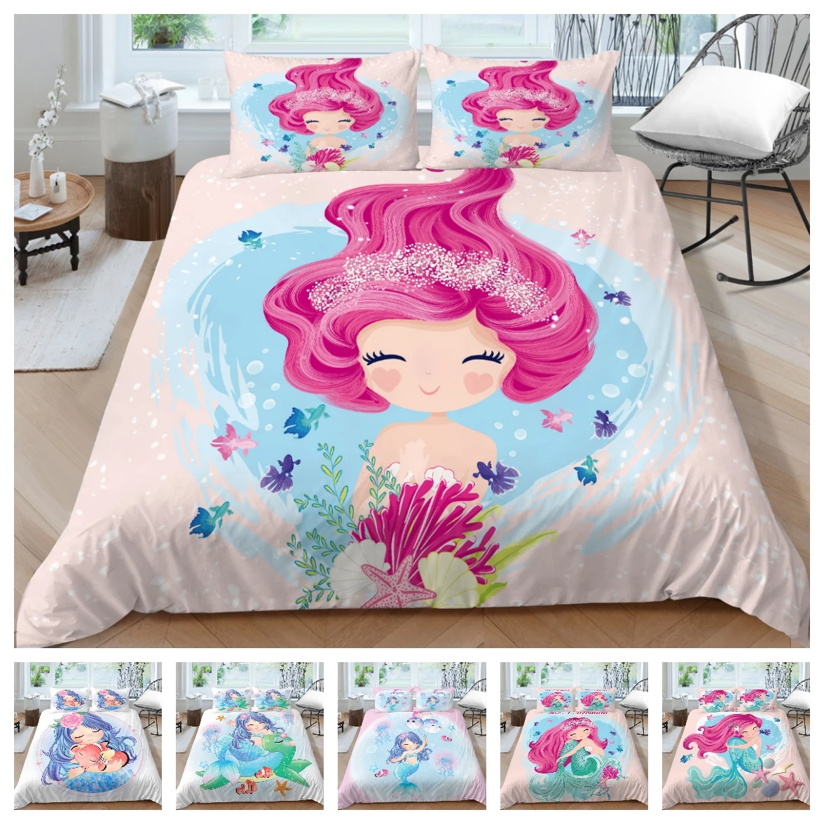 

Hot Sale Bed Linens 2/3pcs 3D Digital Mermaids Printing Duvet Cover Sets 1 Quilt Cover + 1/2 Pillowcases US/EU/AU Size