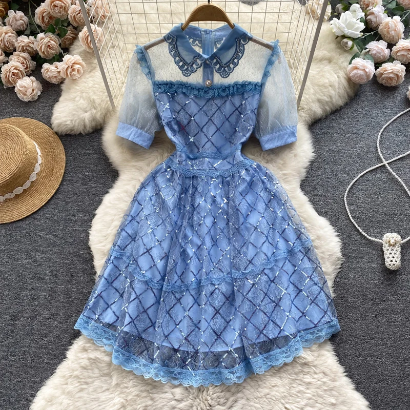 

Short Sleeved Summer Women's New Fashion Mesh Stitching Seaside Holiday French Thin Elegant Dress Vestidos Clothes H006