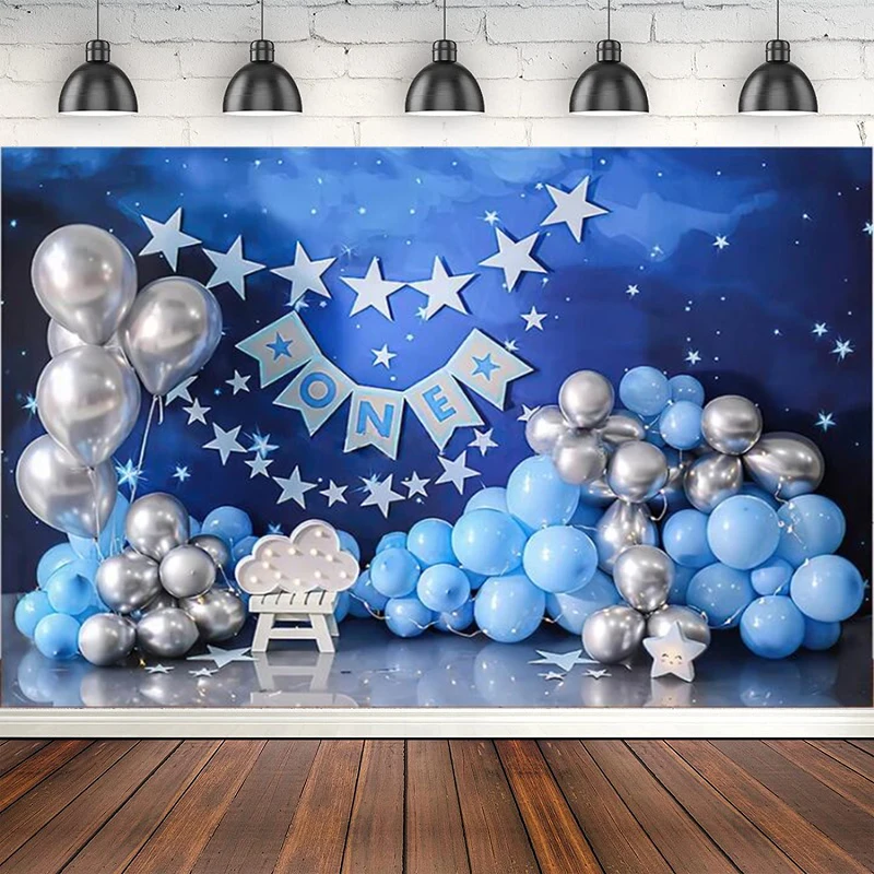 

Photography Backdrop Blue Sky Twinkling Stars Balloons Boys 1st Birthday Party Poster Cake Smash Decor Background Photo Studio