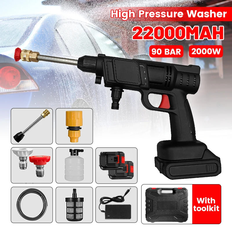 

90Bar 2000W 88VF Portable Wireless Car Washing Machine 22000mAh Home Lithium Electric Car Pressure washer Gun Rechargeable