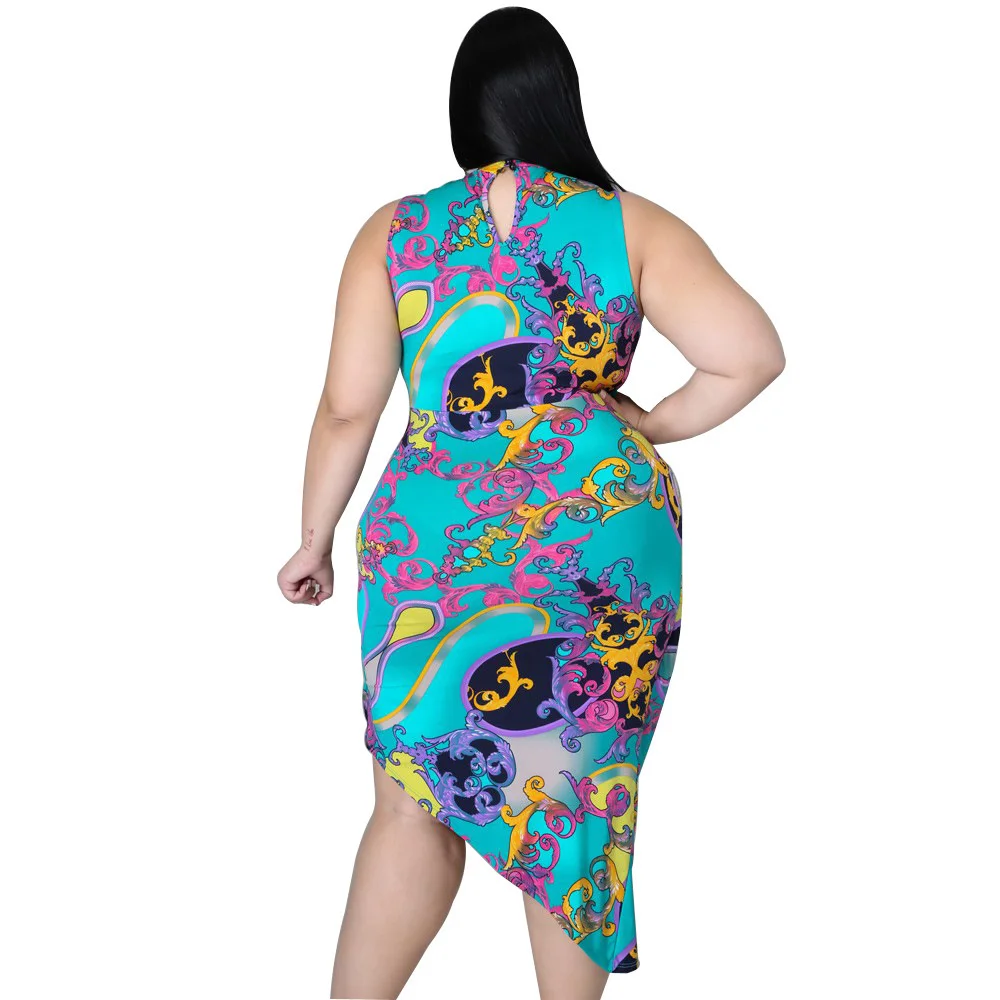 Plus Size 4xl Women Large Dress 2022 Summer Receives Waist Round Collar Vintage Irregular Skirt Printing Whol 3xl 4xl 5xl 6xl