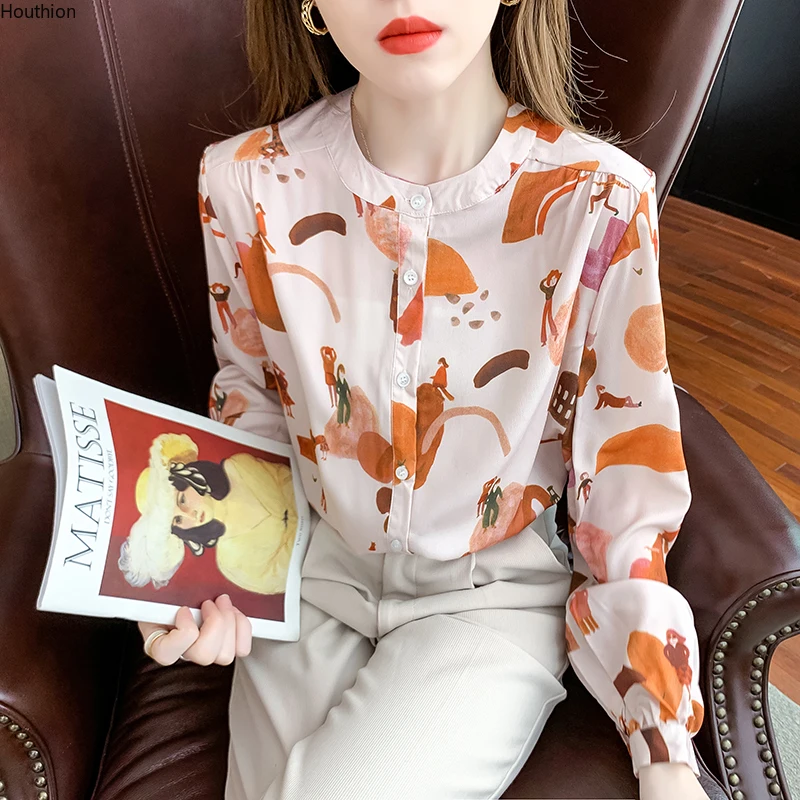 

Chiffon Loose Women's Blouses New Fashion Printing O-neck Shirt Casual Long Sleeve Top Summer Female Clothing