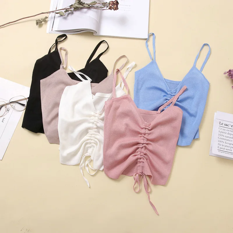 

Woman Street-wear Sexy Strap Top V-neck Backless Crop Top Korean Style Solid Button Holiday Slim Short Tank Tops 2022 Fashion