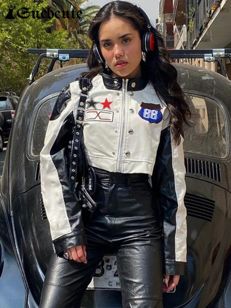 SUCHCUTE Racing Black White Contrast Patchwork Leather PU Jackets Motorcycle Long Sleeve Bomber Jacket Zipper Moto Biker Clothes