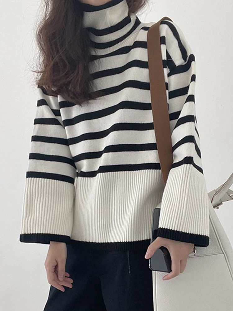 

Женский жаккардовый свитер с контрастными полосками, Свободный Повседневный пуловер с длинным рукавом и высоким воротником в винтажном стиле на осень-зиму D2169