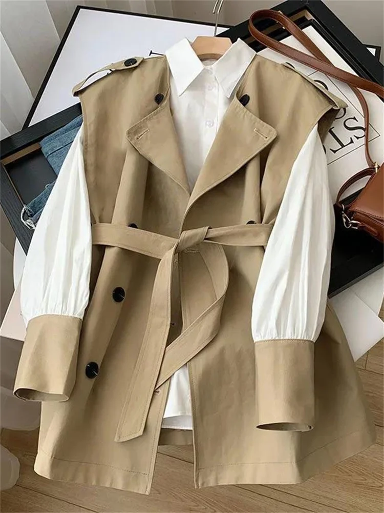 

2022SS trench coat vest 2pcs set for women new Korean fashion elegant vest jacket + simpple blouse suit female aura office wear
