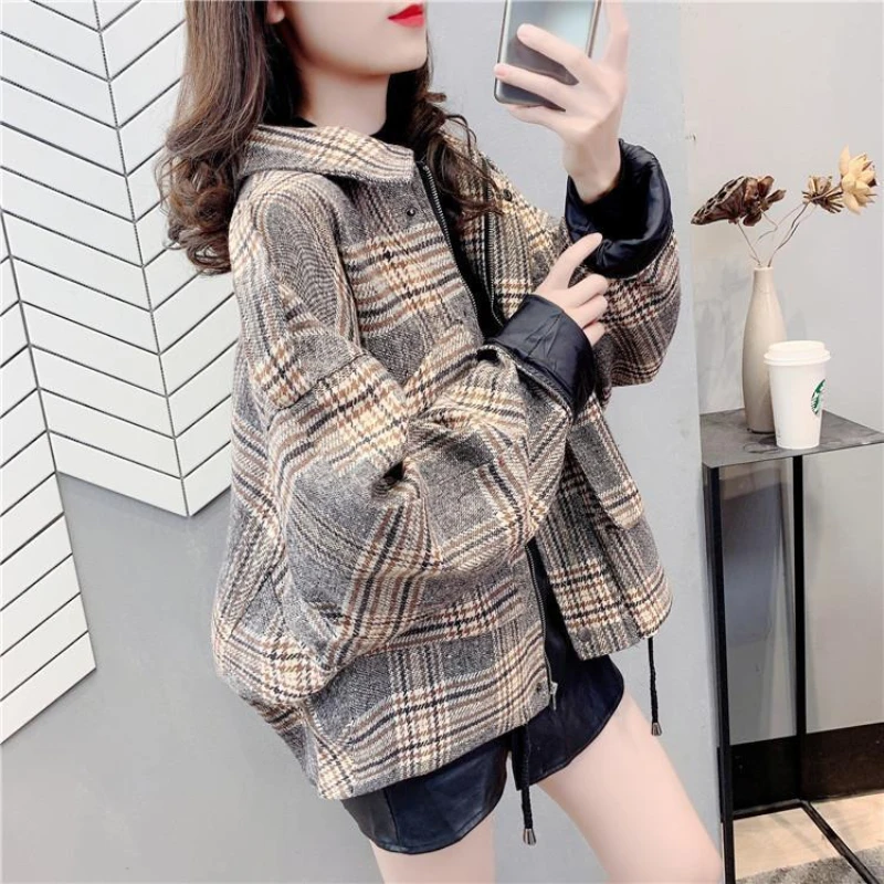 

Women Jacket Female Woolen Coat Loose Long Sleeve Thick Outerwear Ladies Overcoat Zipper Autumn Plaid Wool Blends Jacket G174