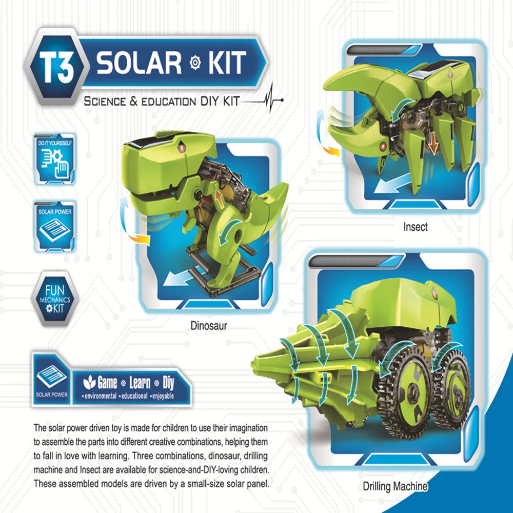 3 In 1 Solar Energy Dinosaur Robotic Kits DIY Assembly Educational Toys Model Building Kids Science for Children | Игрушки и хобби